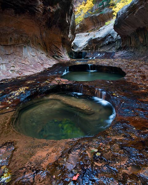 Green colored pools lead the way up through the bottom portion of the Subway in Zion's backcountry.