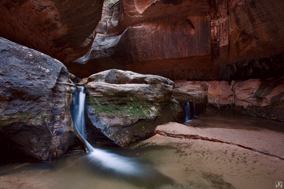 Waterfalls and unique rock formations are common in the Subway section of the Left Fork.