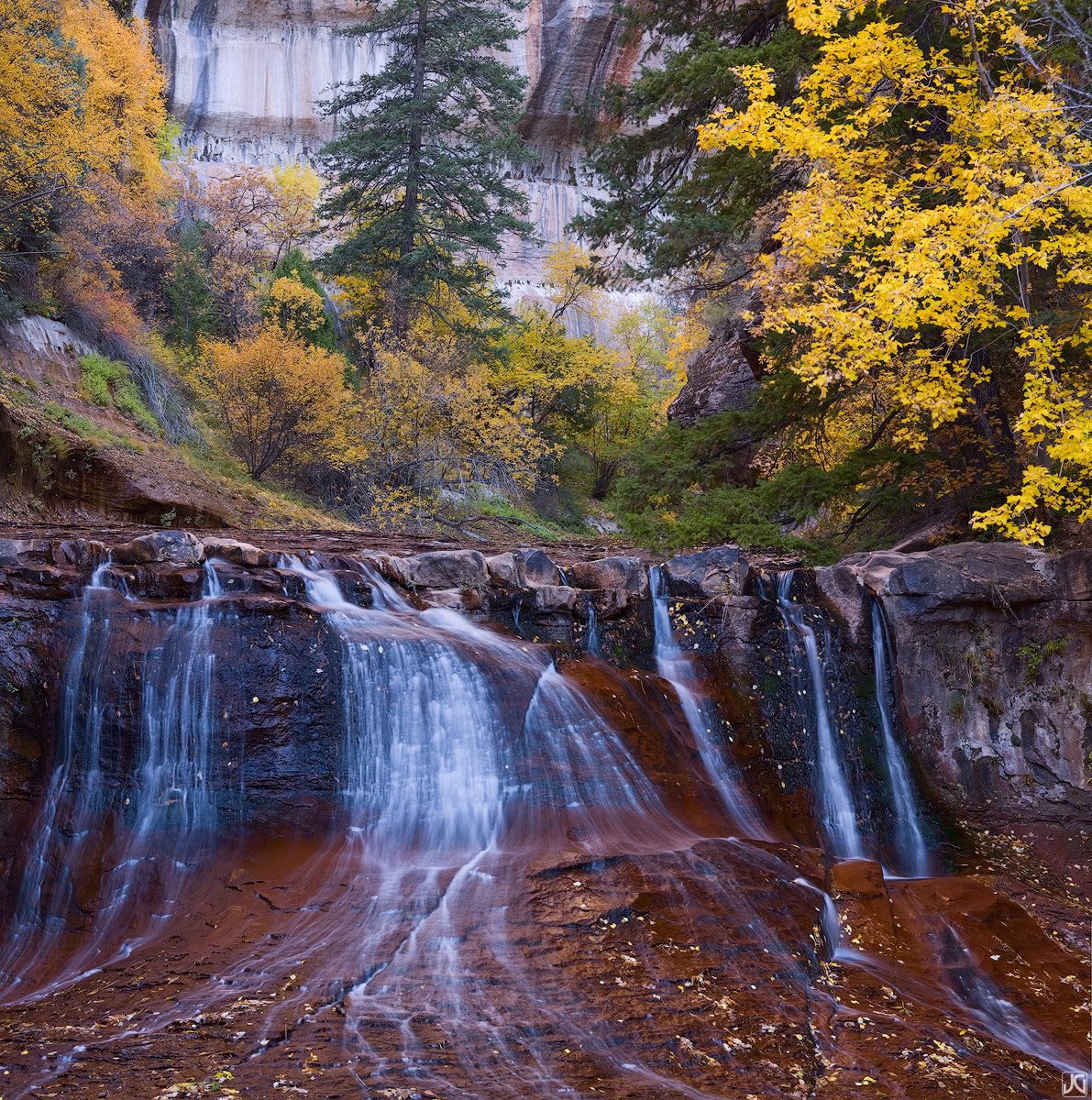 Peaking autumn colors line the Left Fork and surround this wondeful waterfall in Zion's backcountry.