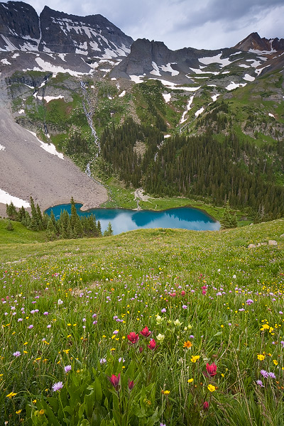 Summer wildflowers are just beginning their show above Lower Blue Lake in the Sneffels Range.