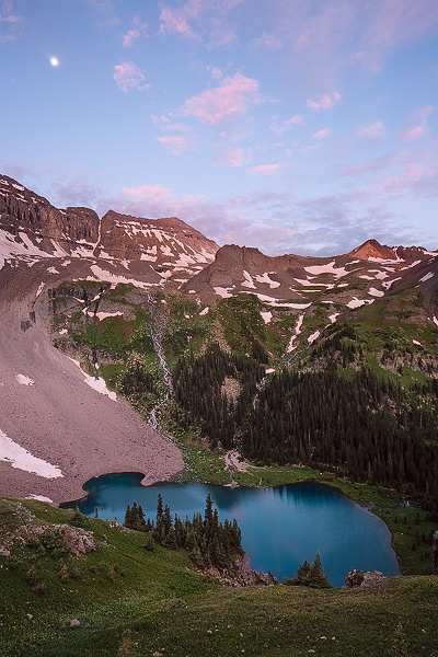 Early morning light hits Dallas Peak above Lower Blue Lake.