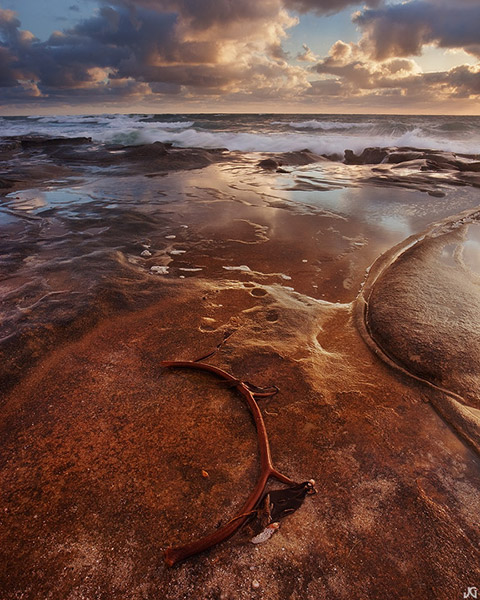 ocean, sunset, rock, sea, flow, La Jolla, California, coast, shore, wave, beach, clouds