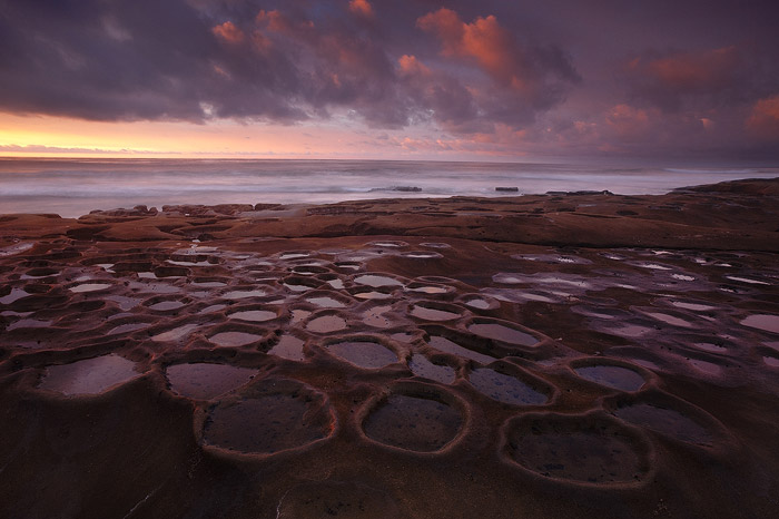 coast, beach, reflection, shore, sunset, clouds, ocean, La Jolla