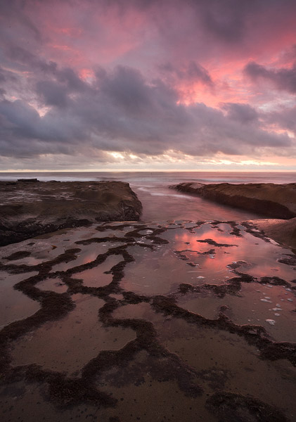 coast, beach, reflection, shore, sunset, clouds, ocean, La Jolla