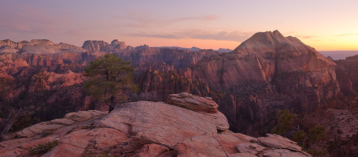 Soft sunset light creates a glow on the peaks of Zion's backcountry.