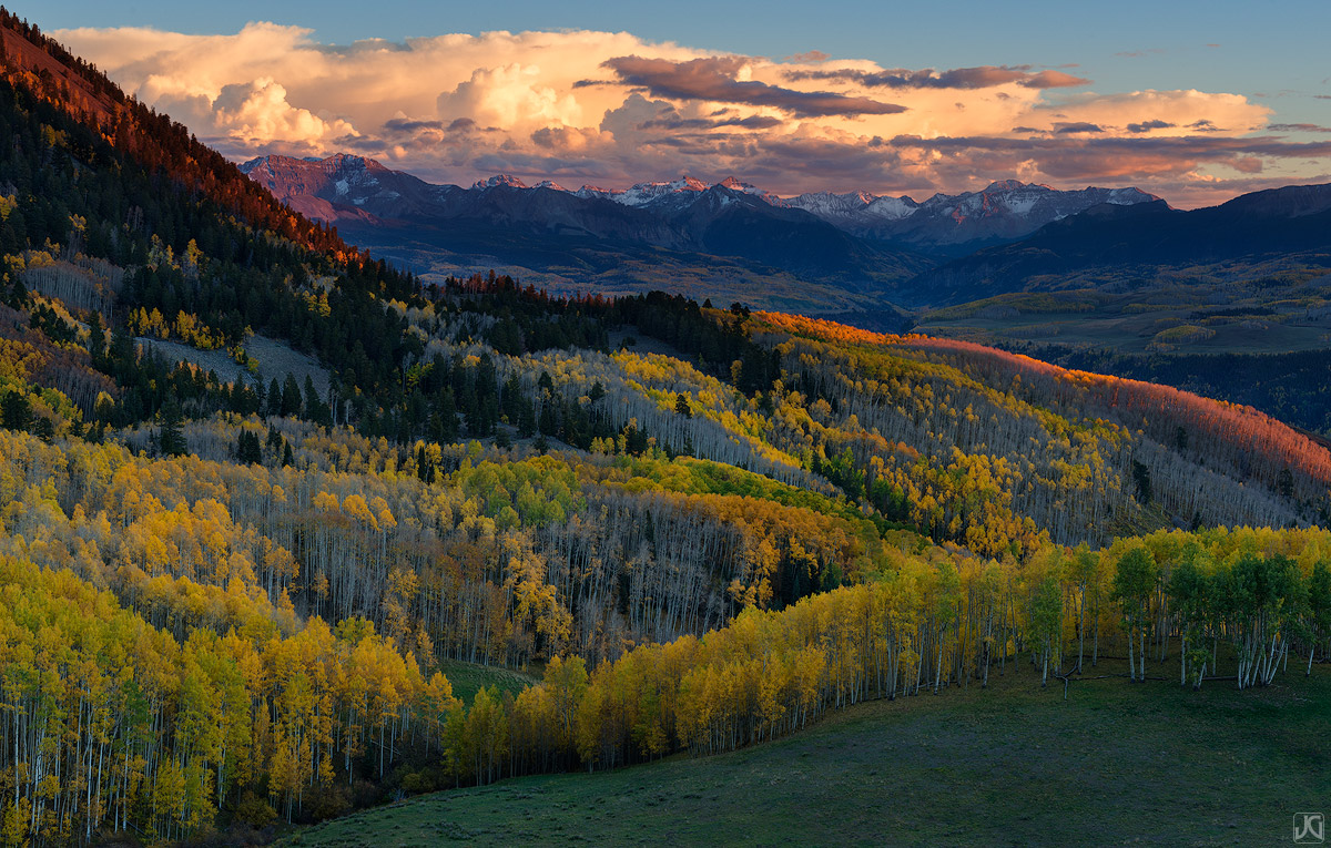 Sunset light fades fast on this autumn aspen forest near Last Dollar Road and the town of Telluride.