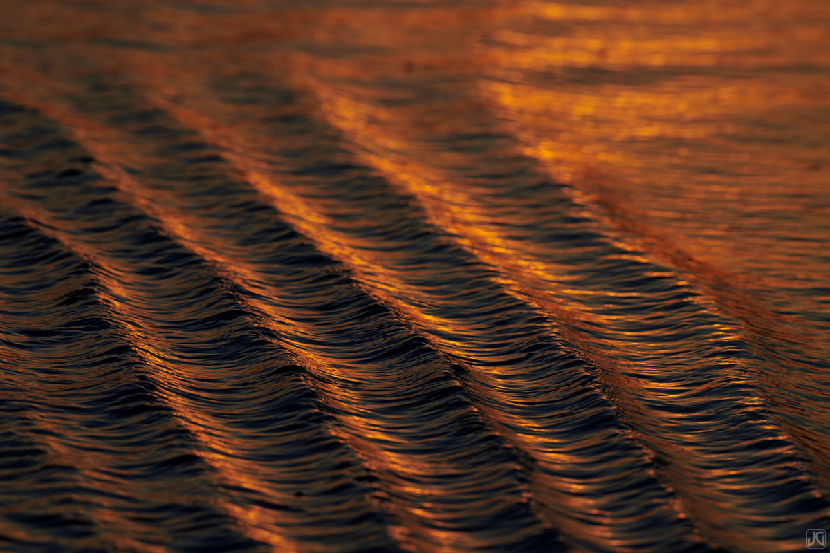 A golden sunset sets these small ripples near the shore ablaze.